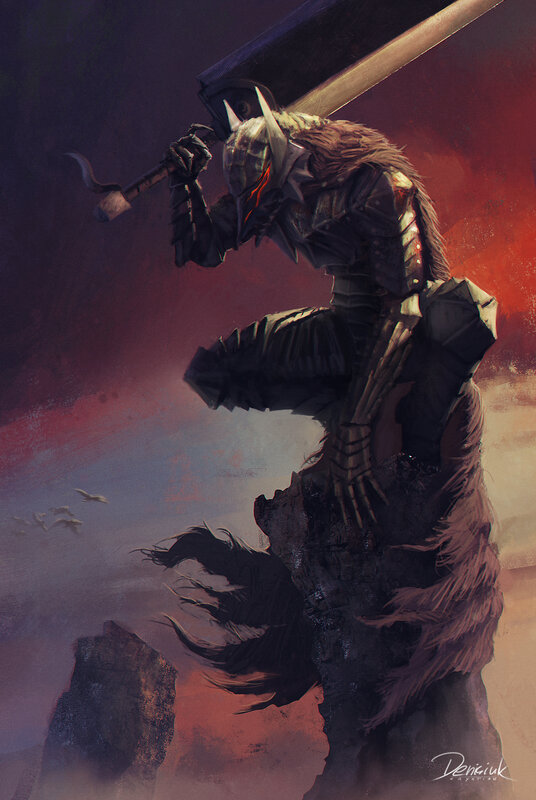 Armored Warrior with Sword — Red, Dramatic, Sunset, Digital Art, Rock