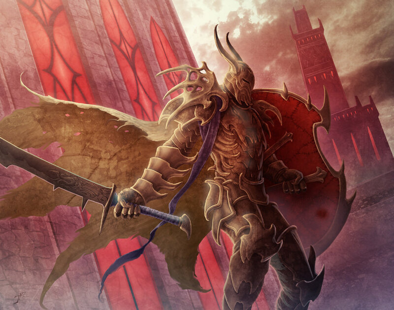 Armored Warrior with Sword — Red, Dramatic, Sunset, Digital Art, Shield