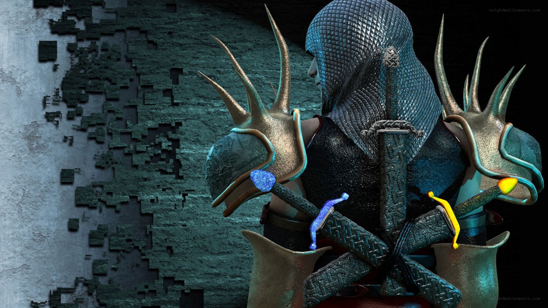 armored warrior with swords