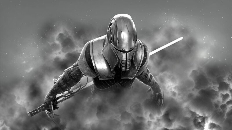 Armored Warrior with Swords — Black, Dramatic, Digital Art, Clouds