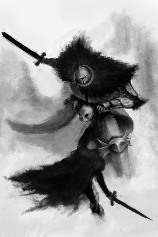 Armored Warrior with Swords — Black, Dramatic, Digital Art, Skull