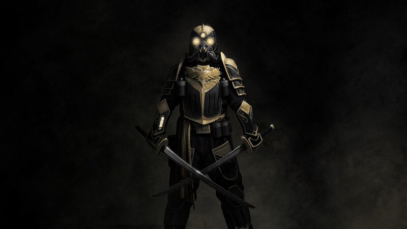 Armored Warrior with Swords — Black, Dramatic, Digital Art