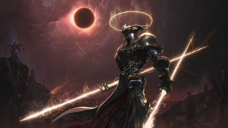Armored Warrior with Swords — Black, Dramatic, Night, Digital Art, Eclipse
