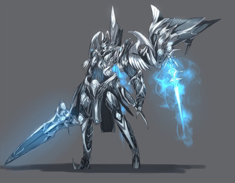 Armored Warrior with Swords — Gray, Dramatic, Digital Art, Armor, Wings
