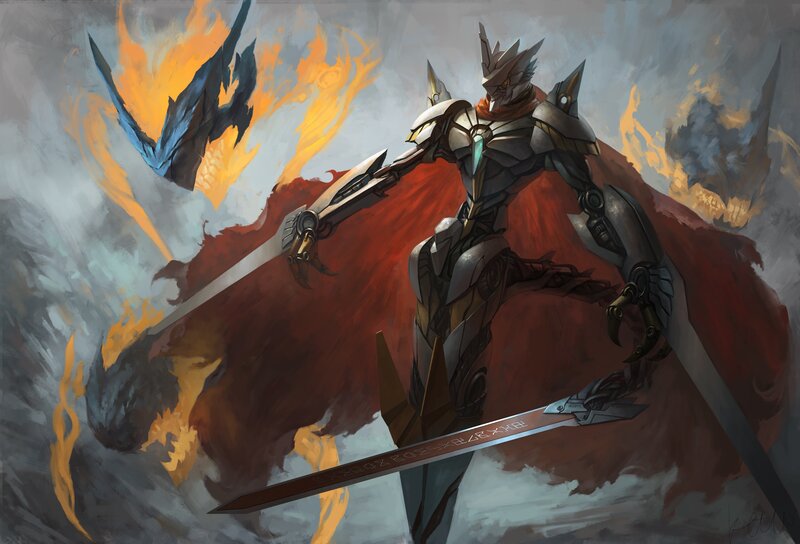 Armored Warrior with Swords — Gray, Dramatic, Digital Art, Cape
