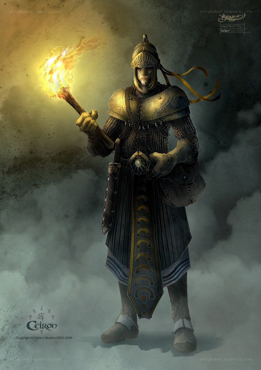armored warrior with torch