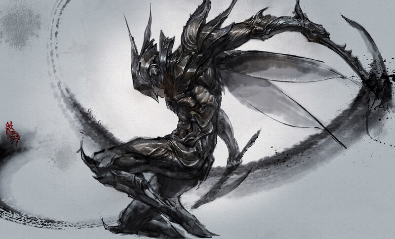 Armored Warrior with Wings — Black, Dramatic, Digital Art, Sword