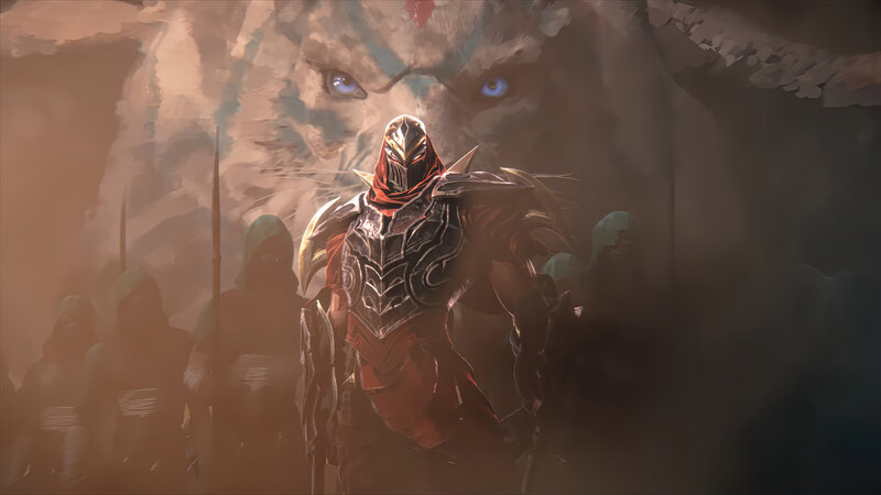 Armored Warrior with Wolf — Brown, Dramatic
