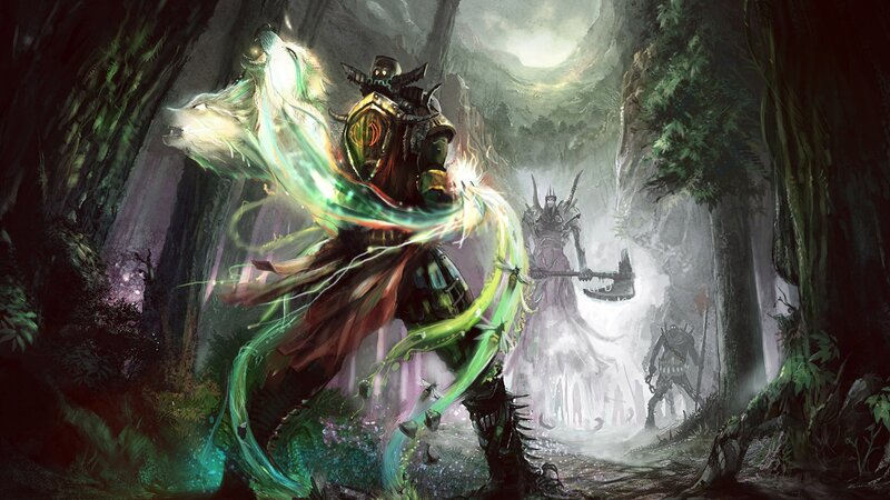 Armored Warrior with Wolf — Green, Dramatic