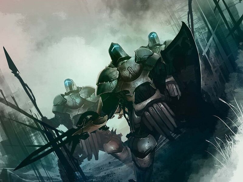 armored warriors in a ruined city