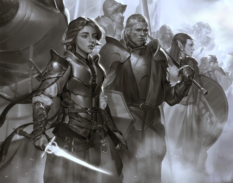 Armored Warriors in Fog — Gray, Dramatic