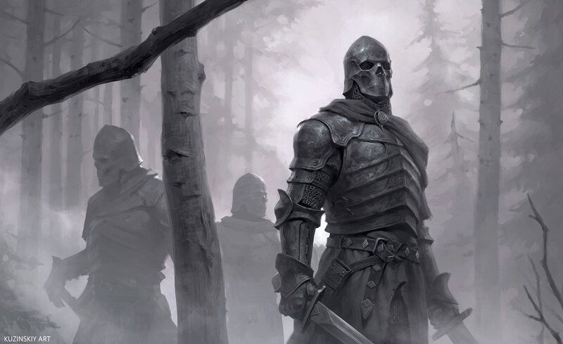 Armored Warriors in Forest — Gray, Dramatic, Digital Art