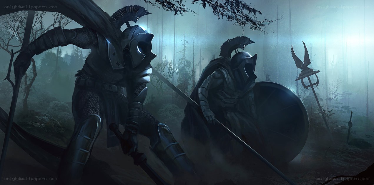 Armored warriors in misty forest
