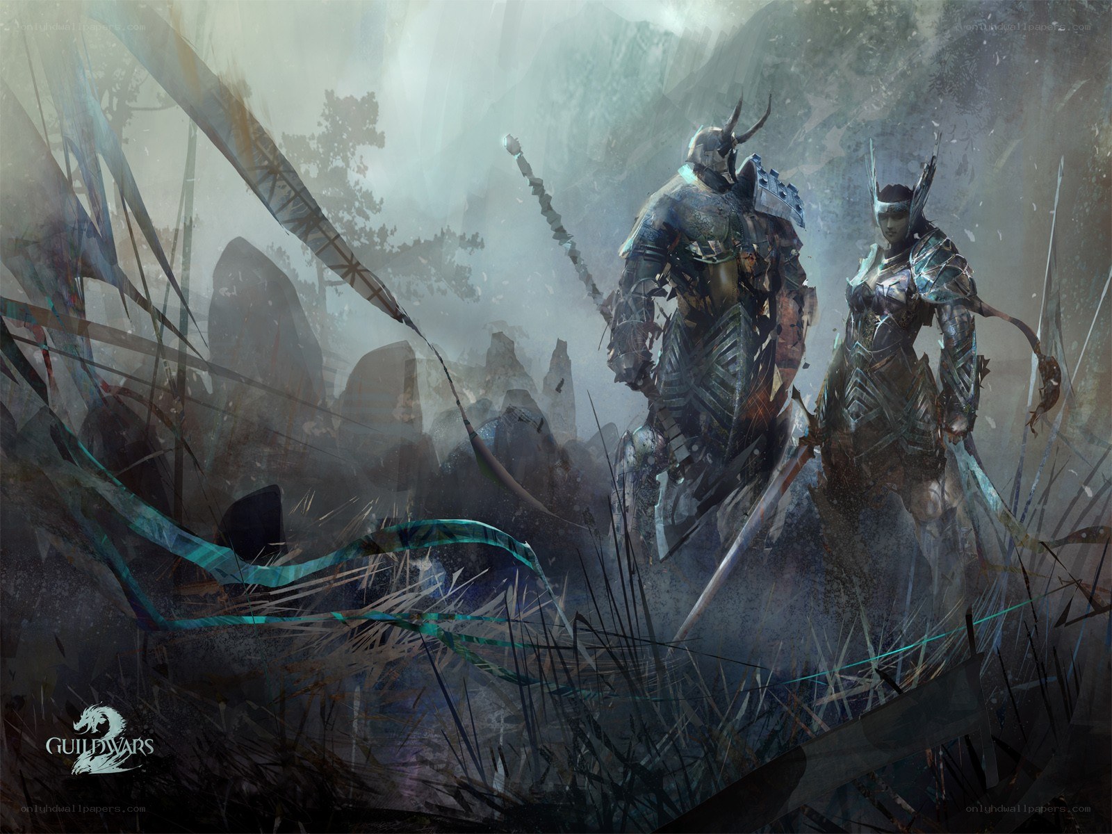 armored warriors in misty forest