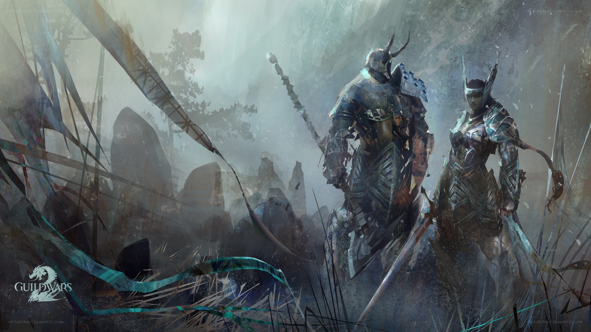 armored warriors in misty forest
