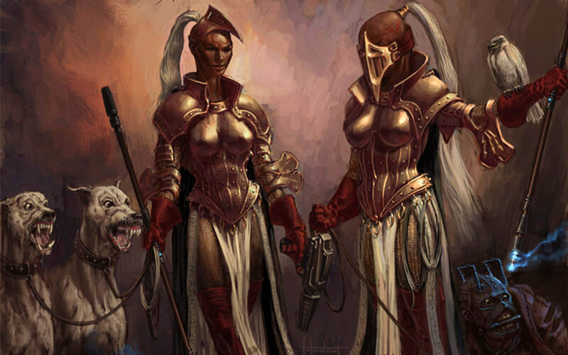 armored warriors with hounds and falcon
