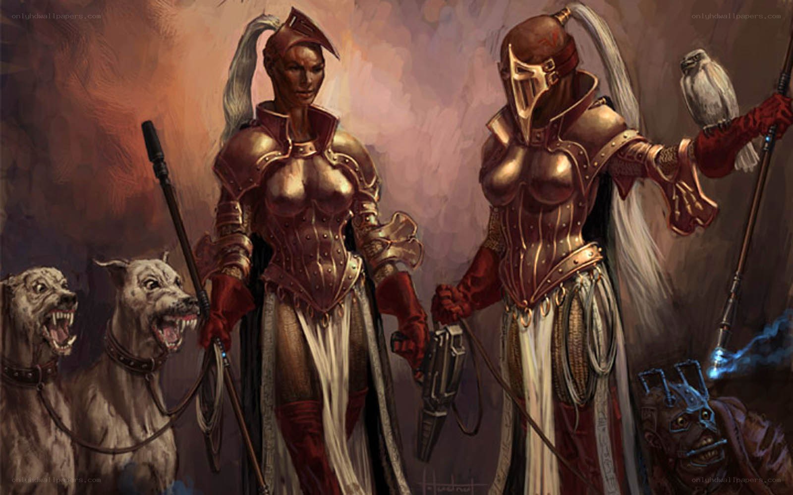 armored warriors with hounds and falcon