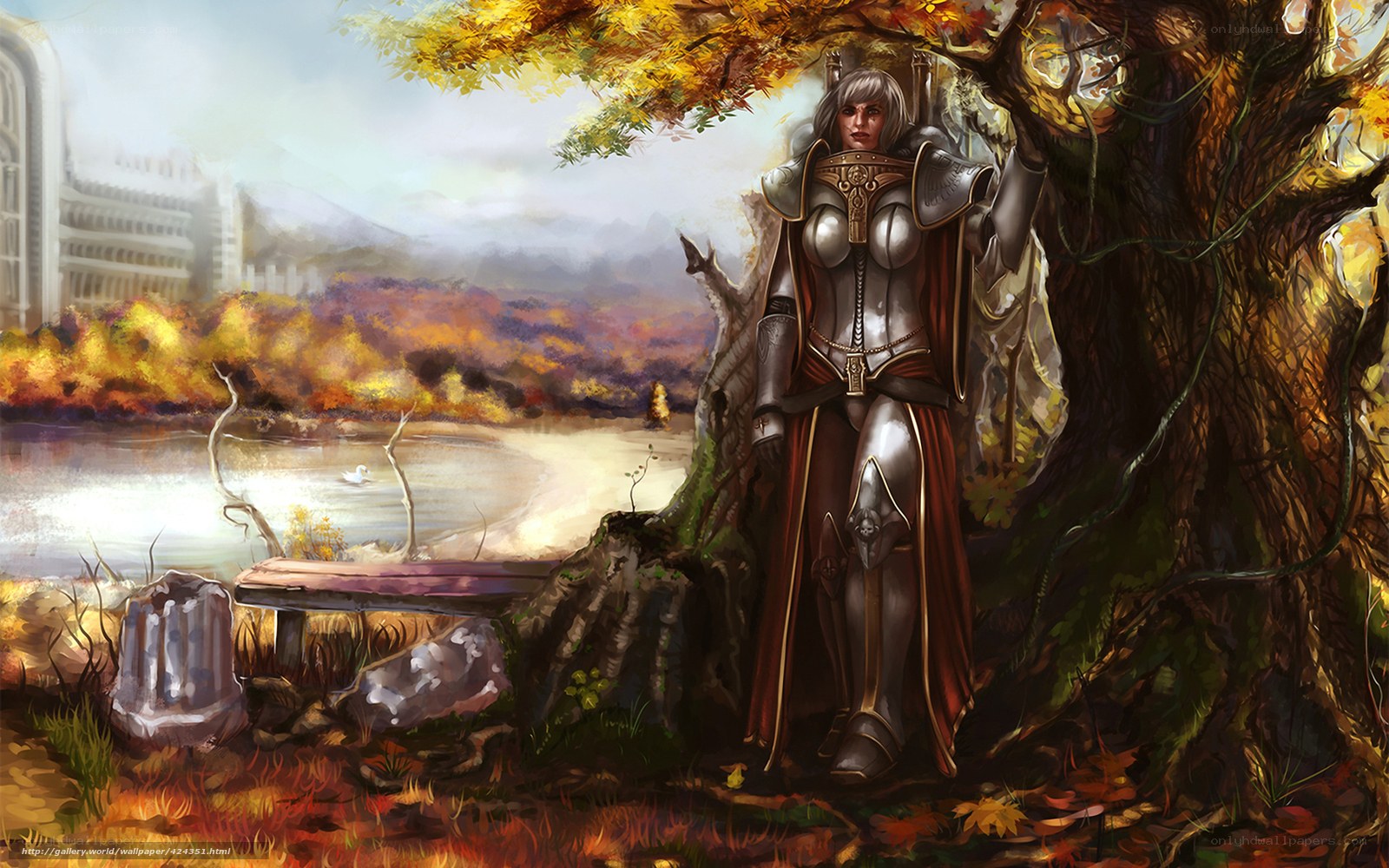 armored woman by autumn tree