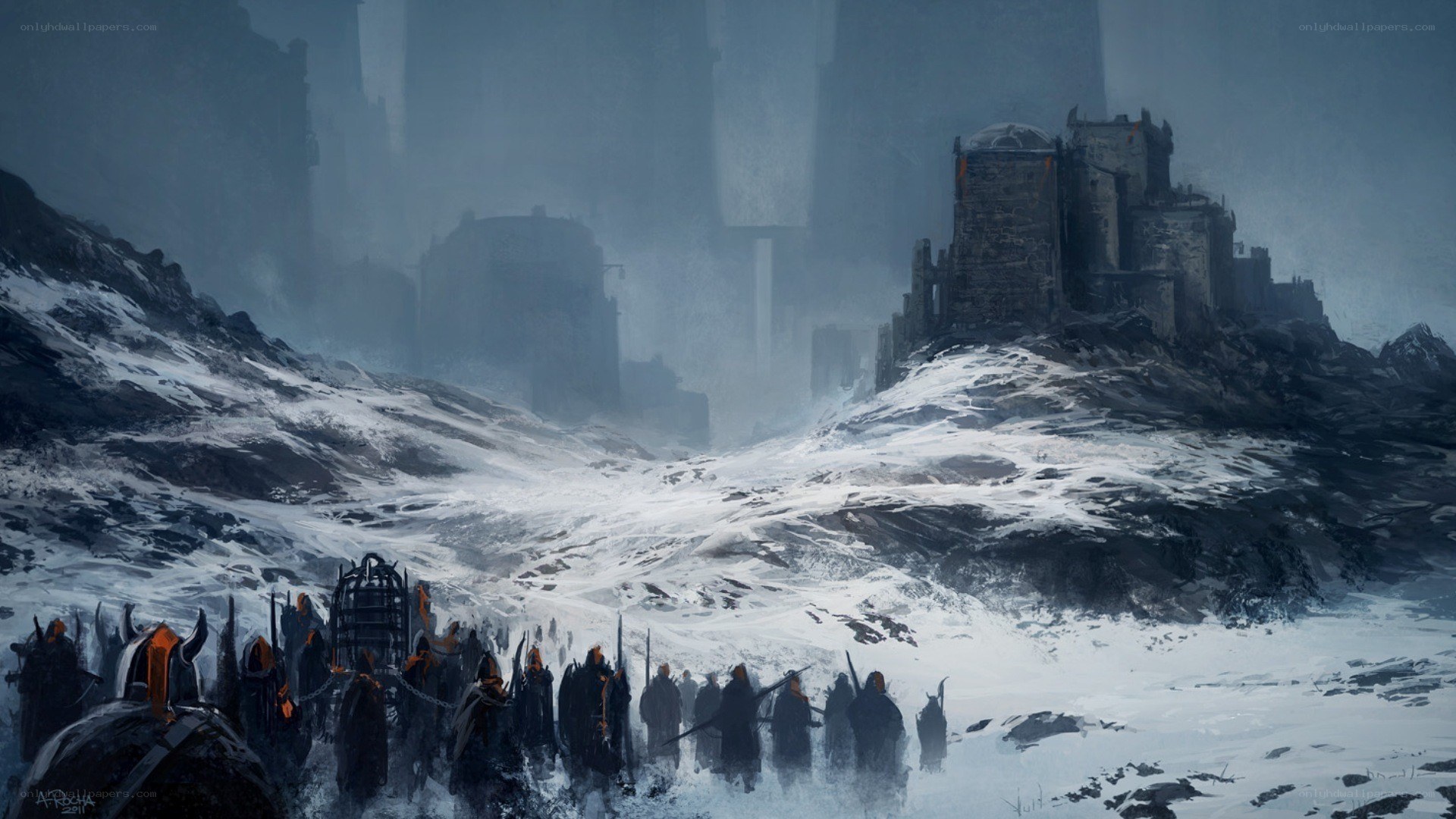 army marching to fortress
