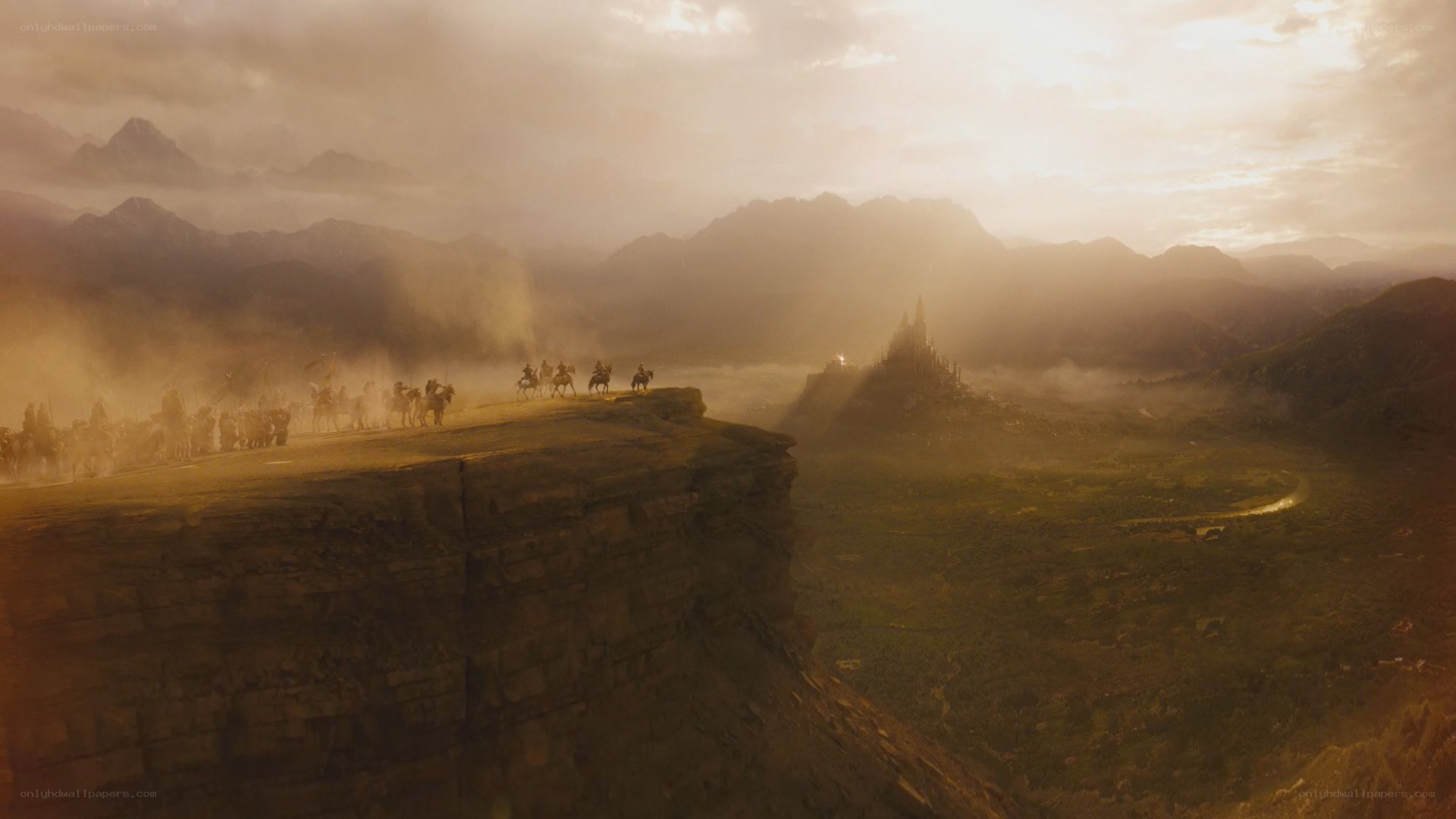 army on a cliff at dawn