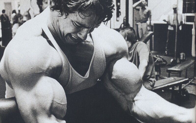 Arnold Schwarzenegger flexing in gym