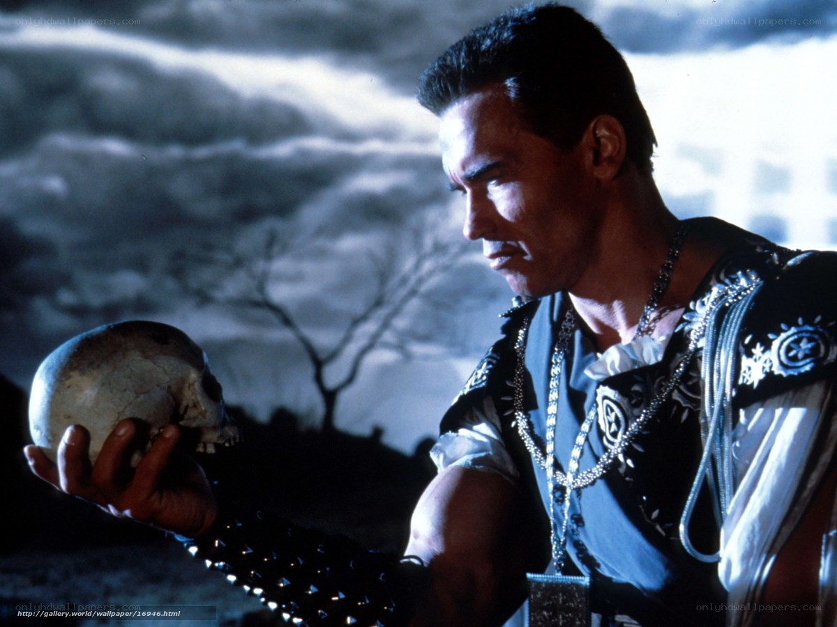 Arnold Schwarzenegger holding skull