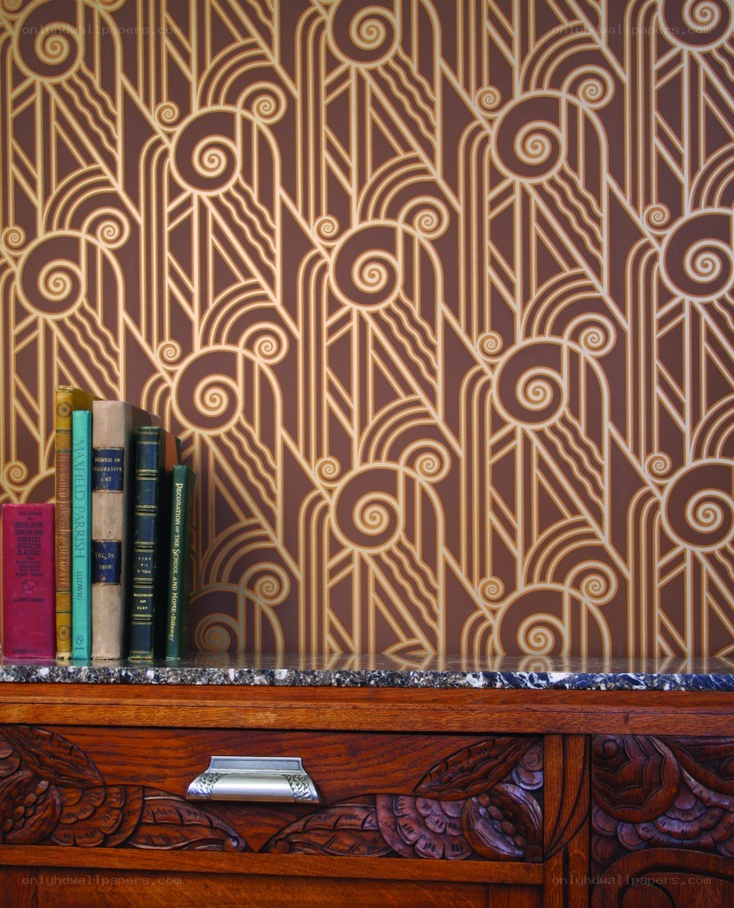 Art Deco wallpaper and bookshelf