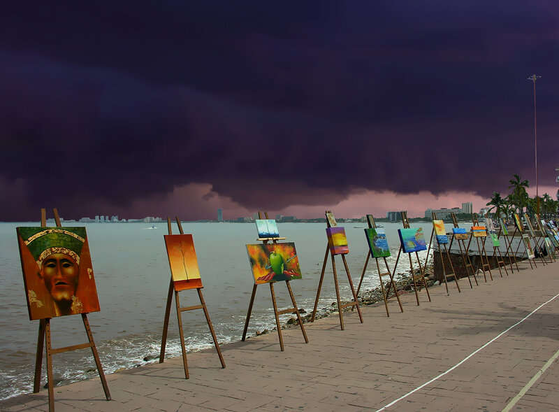 Art displays by the sea
