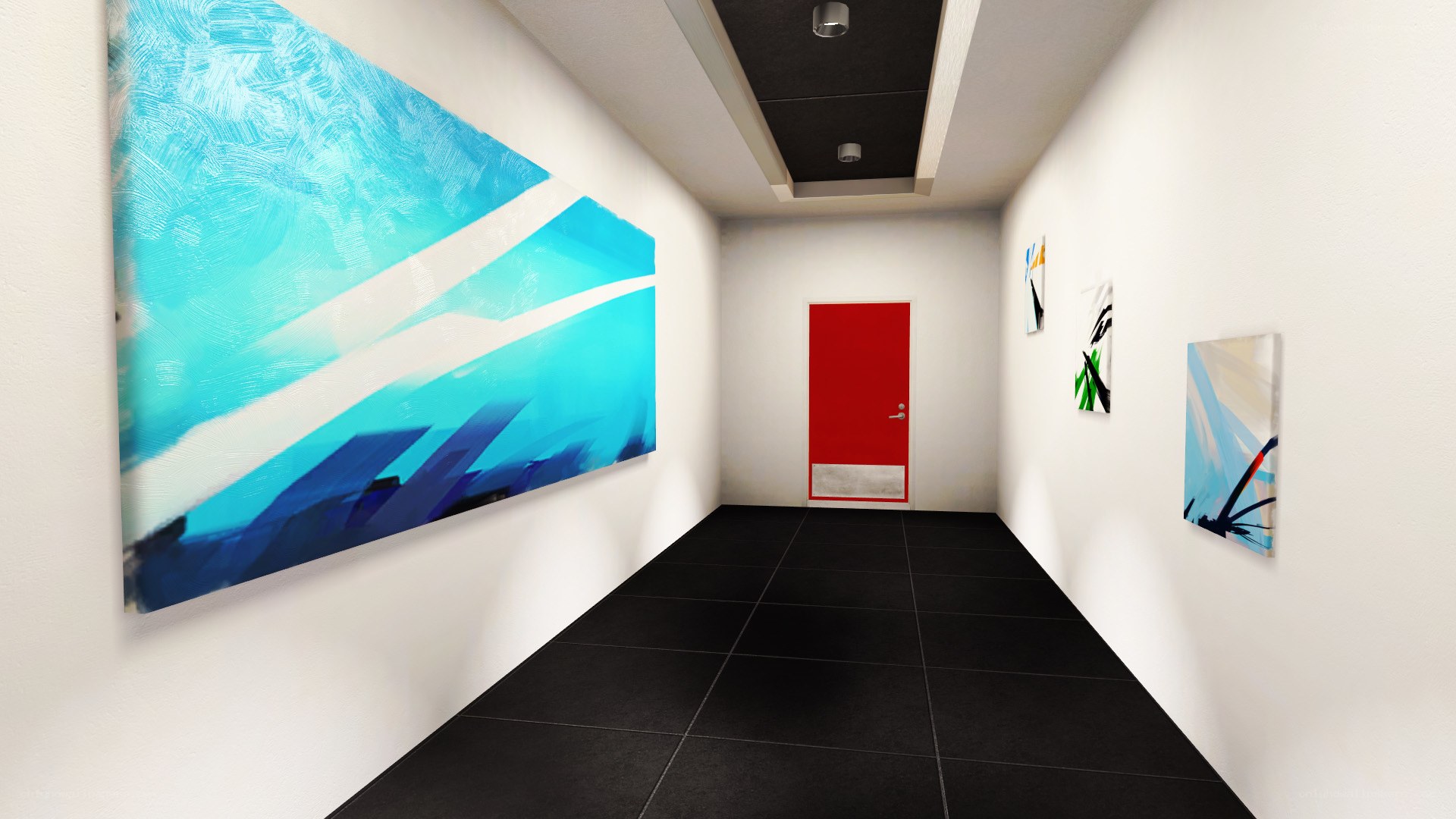 Art gallery hallway with abstract art