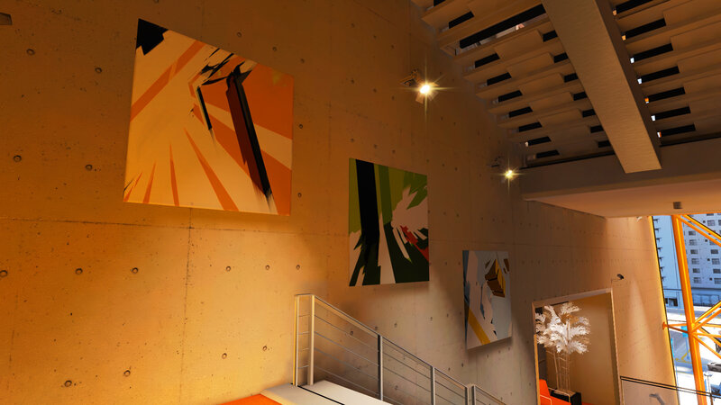 Art gallery interior with abstract paintings