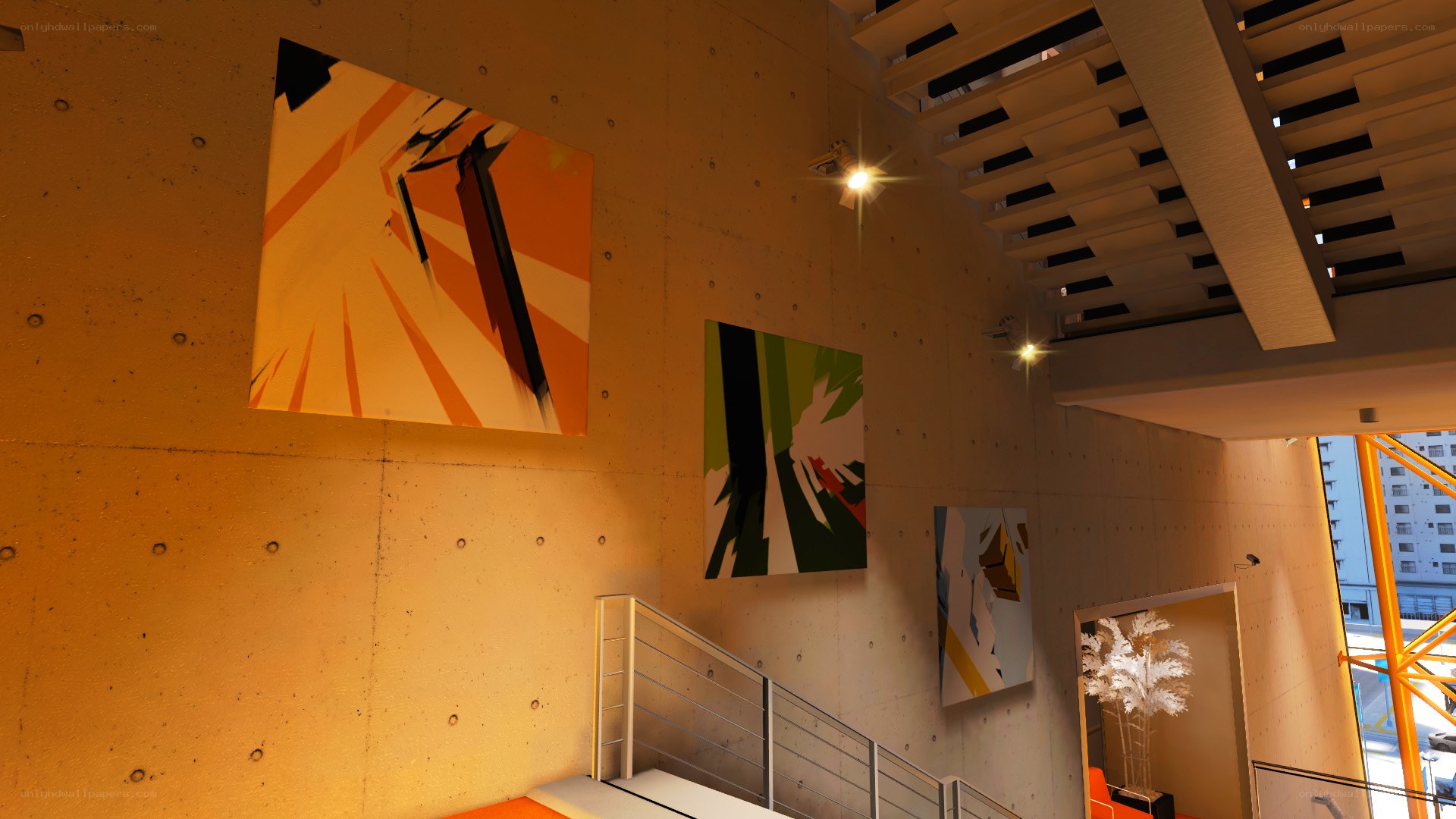 Art gallery interior with abstract paintings
