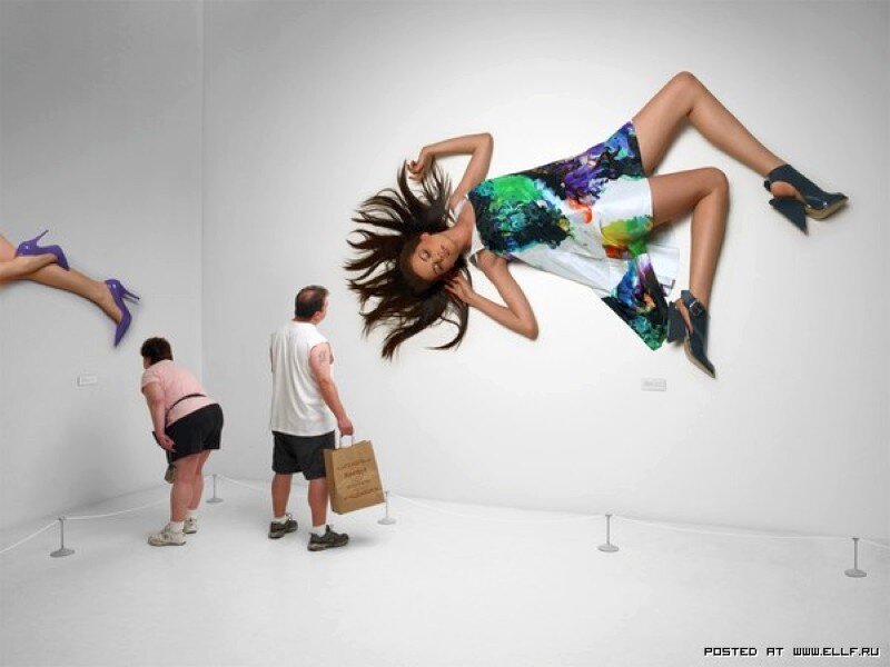 Art gallery with floating figures