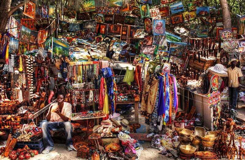 Art market stall in tropical setting