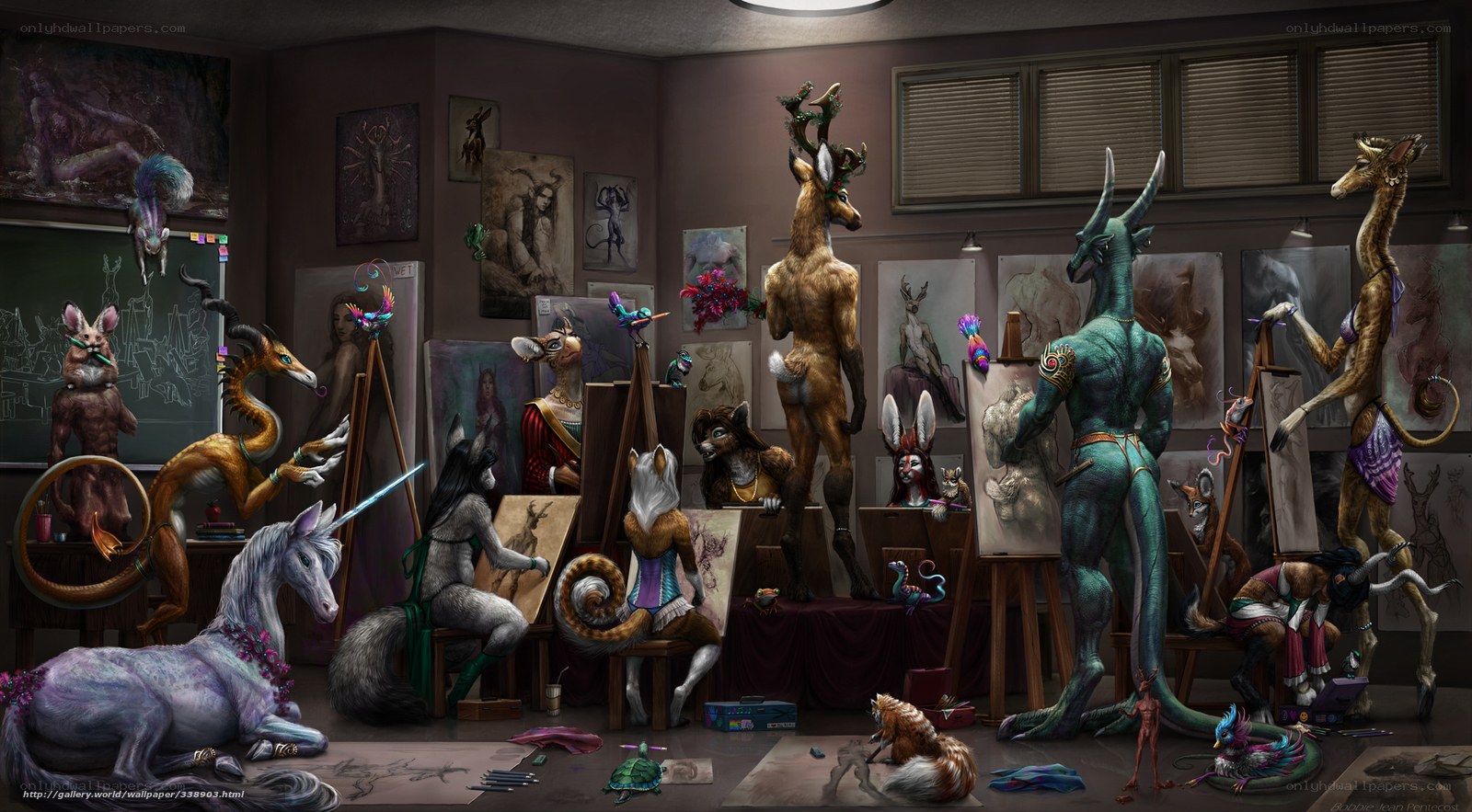 Art studio with anthropomorphic creatures