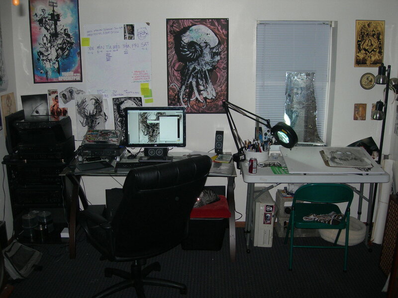 art studio with computer and posters