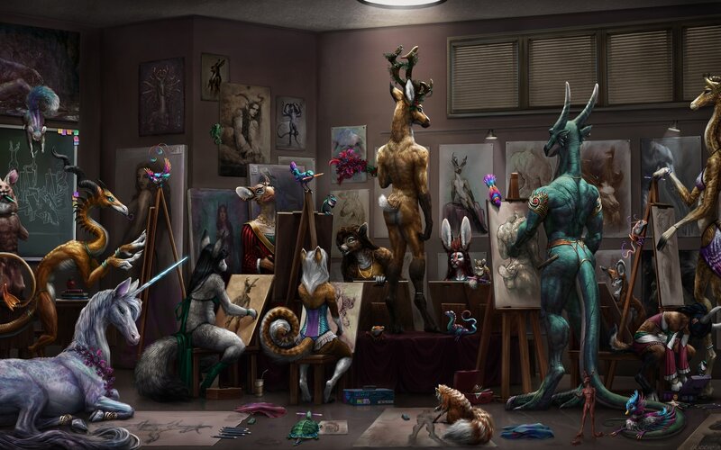 Art studio with fantasy creatures
