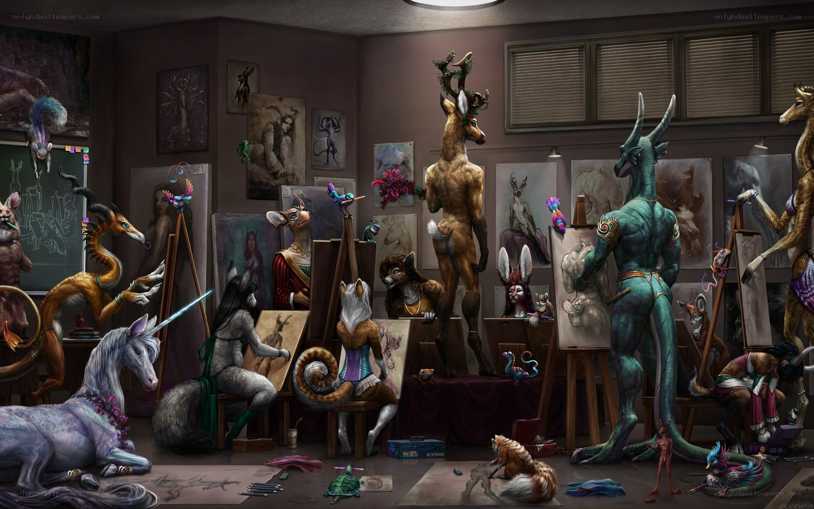 Art studio with fantasy creatures