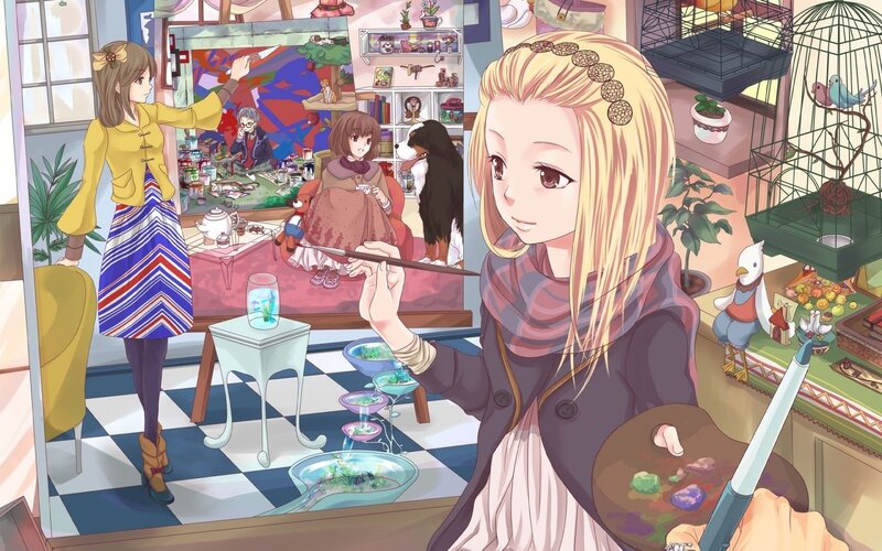 Art studio with multiple characters