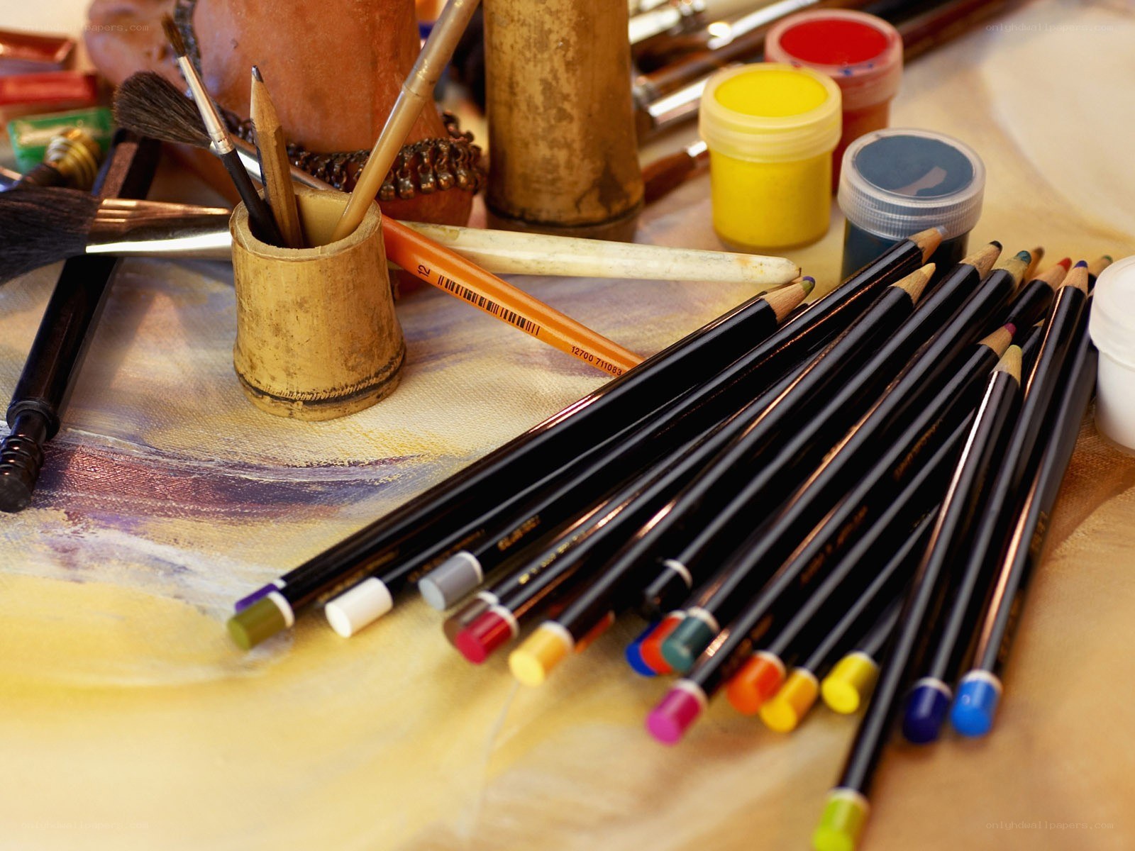 Art supplies on a canvas