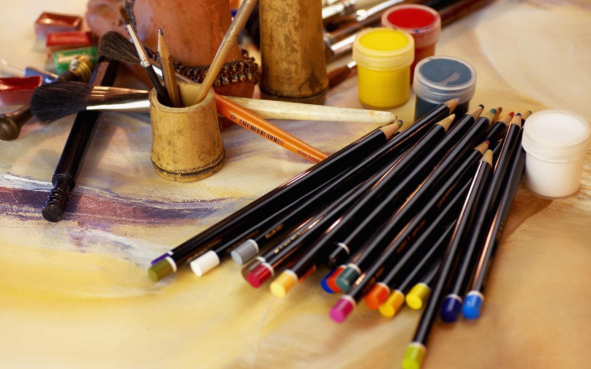 Art supplies on a canvas