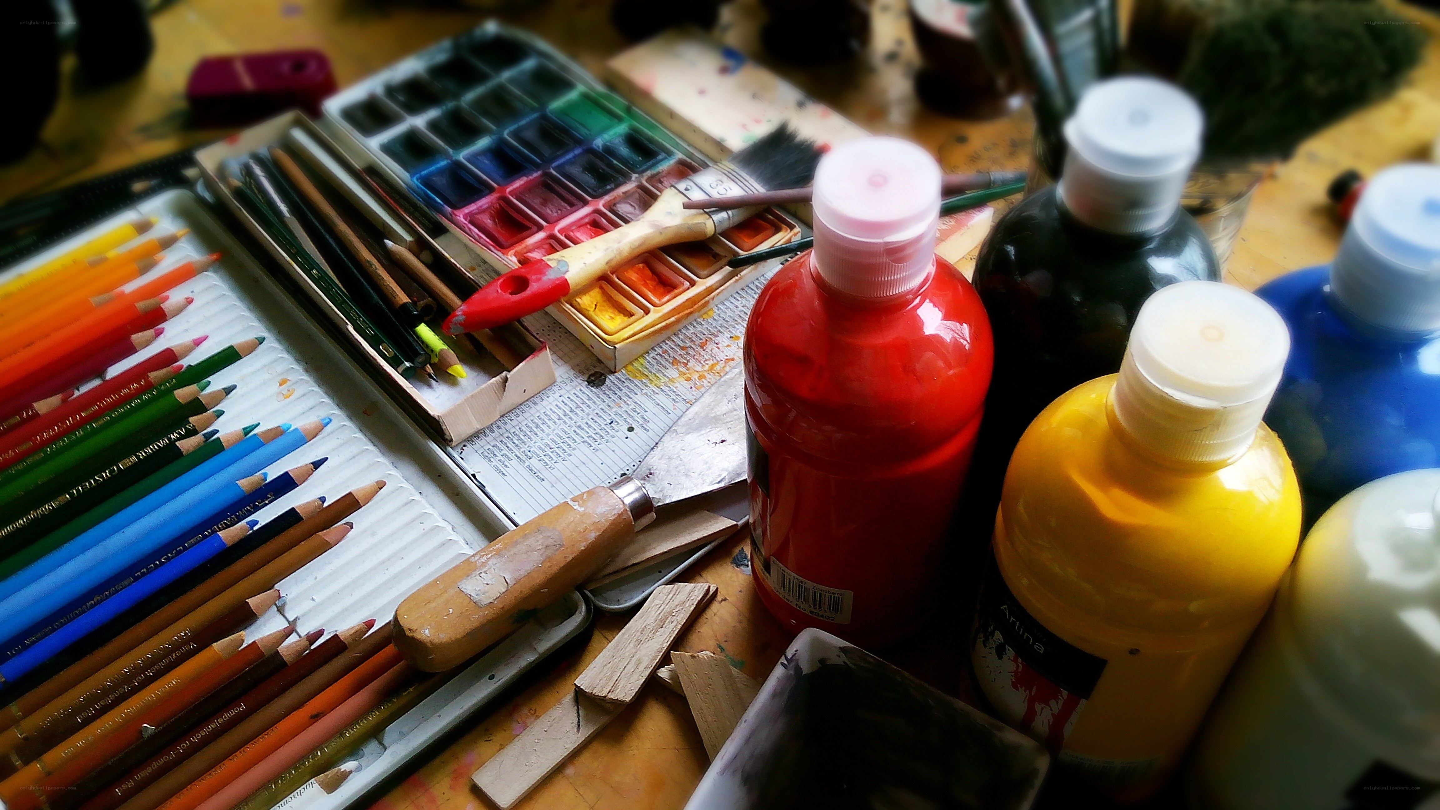 art supplies on a workbench