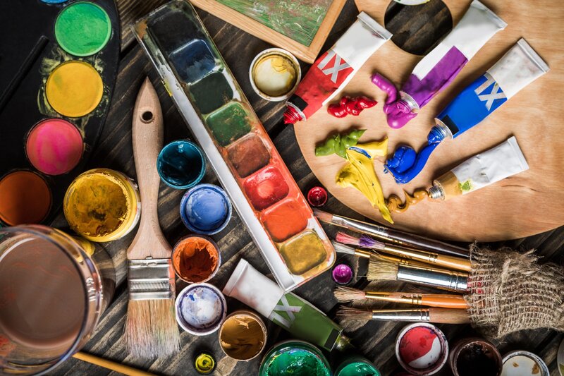 Art Supplies on Table — Brown