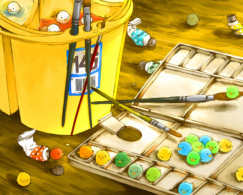 art supplies with ducklings