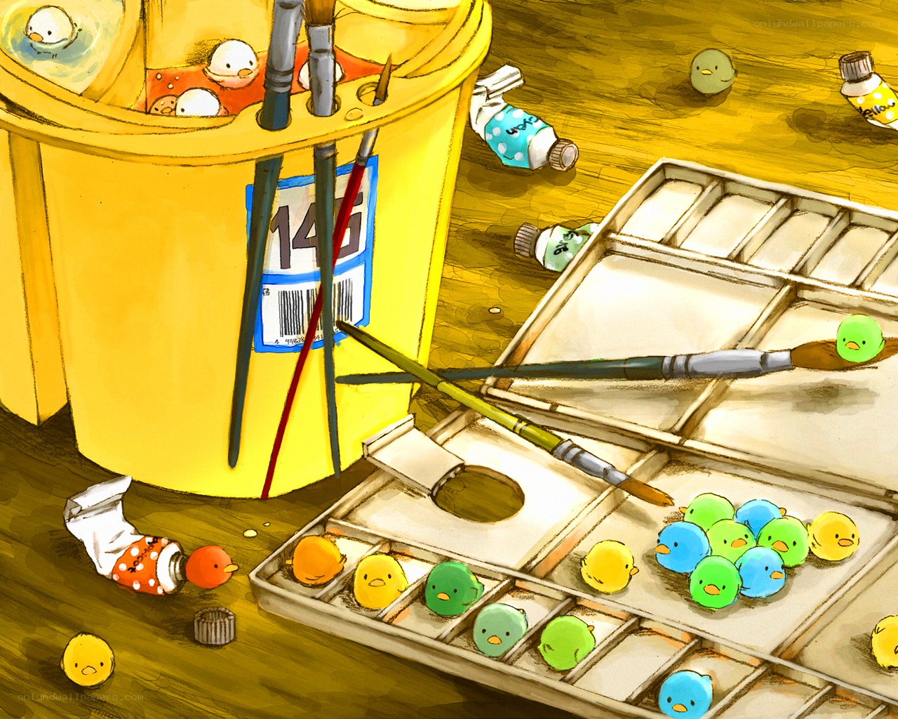 art supplies with ducklings