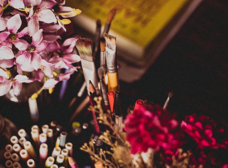 Art supplies with flowers