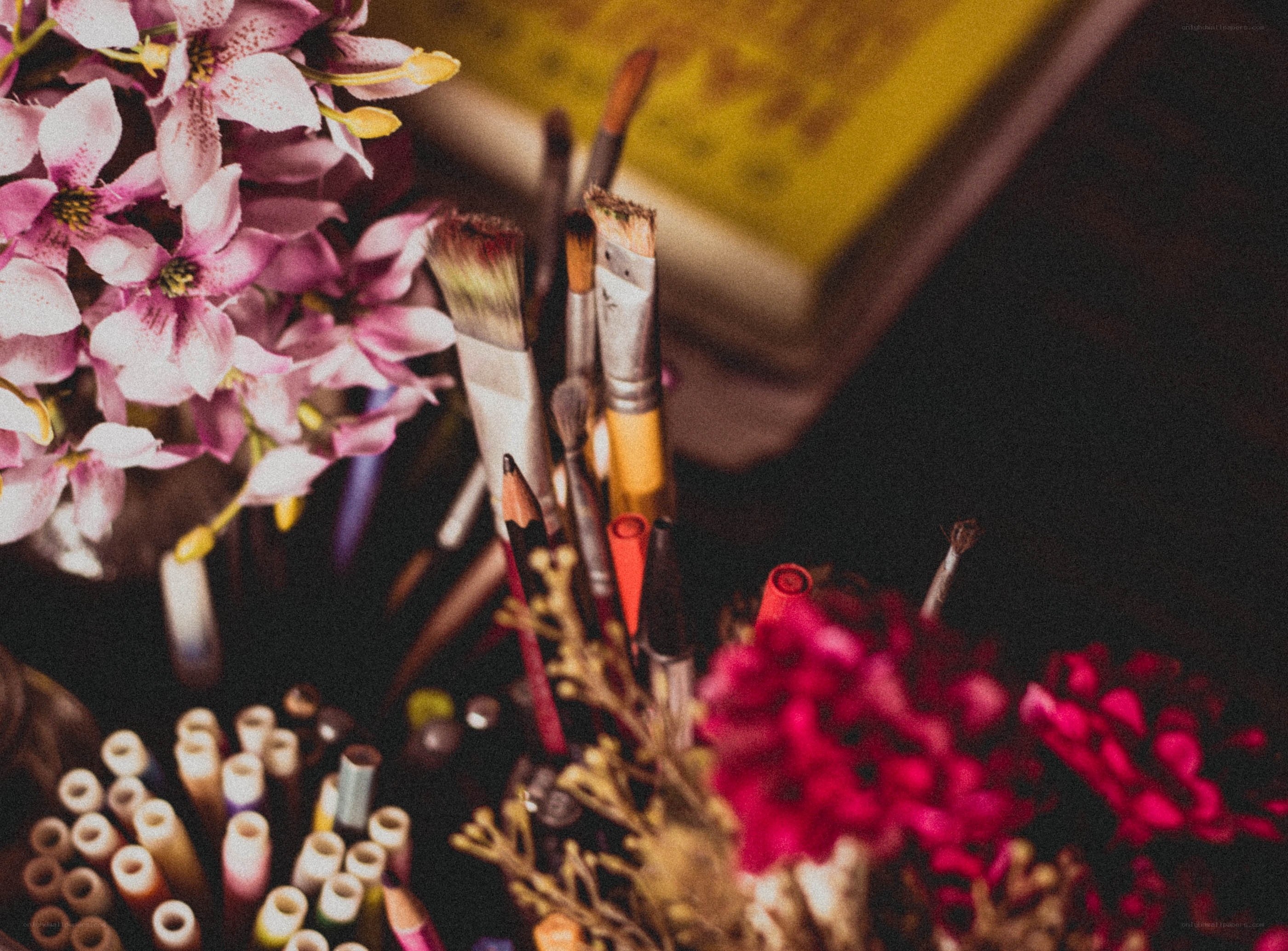 Art supplies with flowers