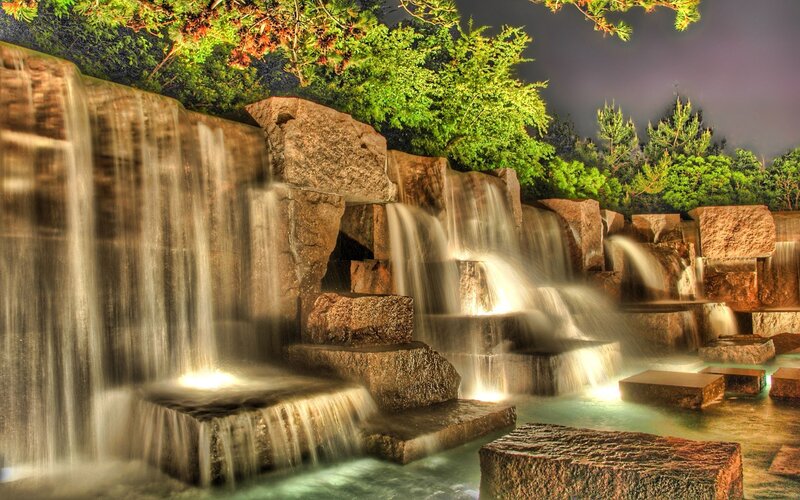 Artificial Waterfall at Night — Green, Serene, Photograph, Rocks