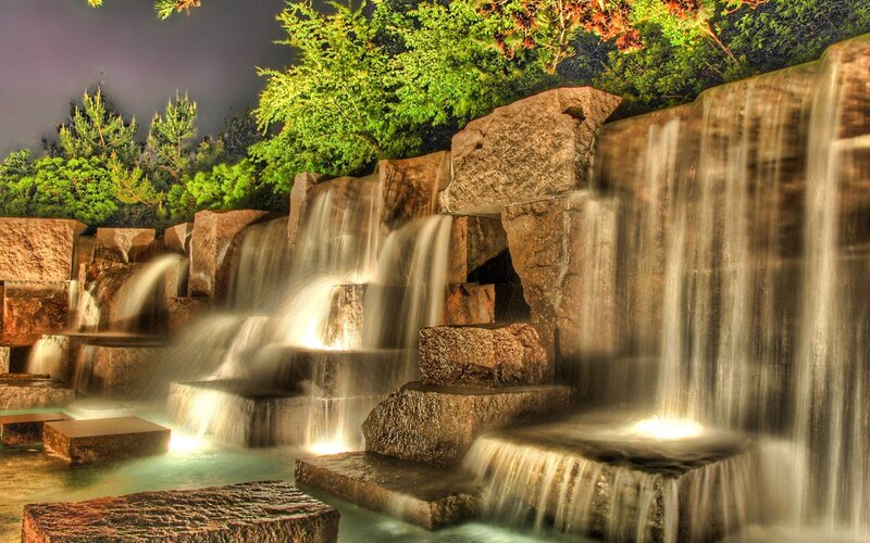 Artificial Waterfall at Night — Green, Serene, Photograph