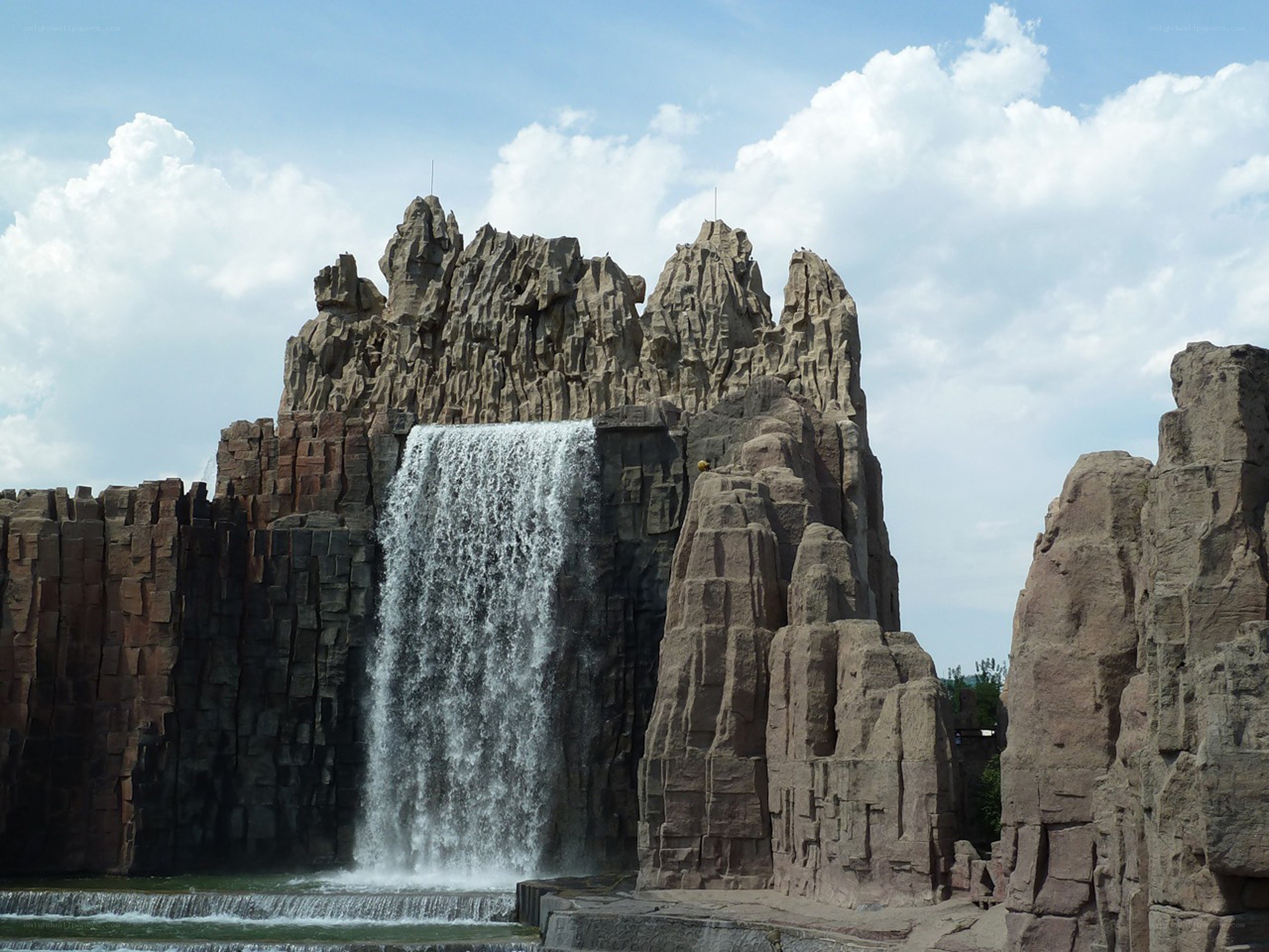 artificial waterfall at theme park