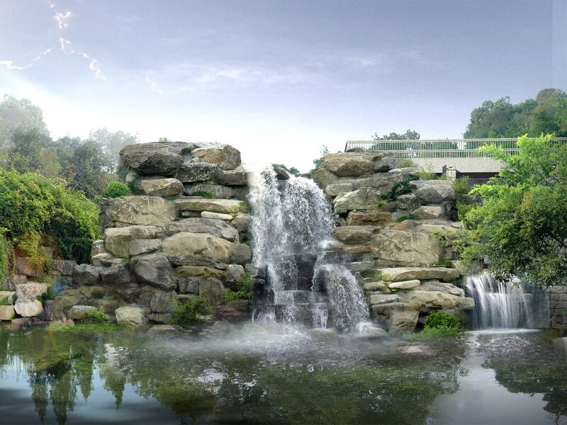 Artificial Waterfall — Green, Serene, Afternoon, 3d Render